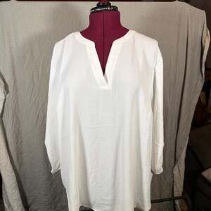 Classic White V-Neck Long Sleeve Blouse, Size 2x — Flowy Crepe Textured Top